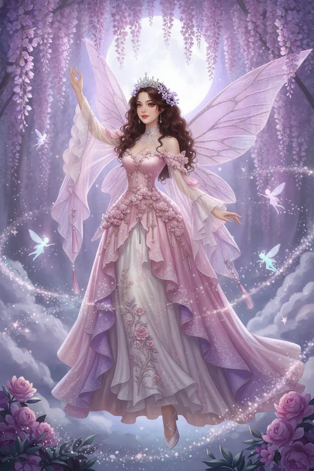 Seraphina as a fairy princess flying through wisteria by moonlight
