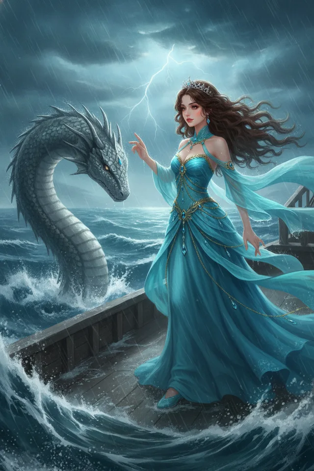 Seraphina in a turquoise gown facing a sea serpent in a storm