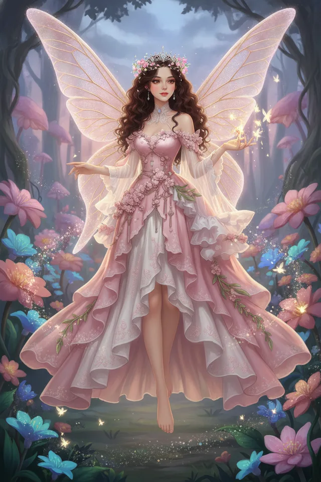 Seraphina as a fairy princess with pink wings in a glowing glade