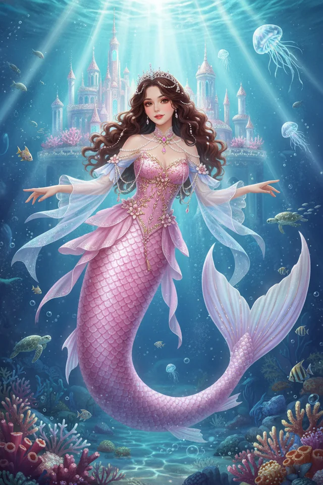 Seraphina as a mermaid with a pink iridescent tail before an underwater palace