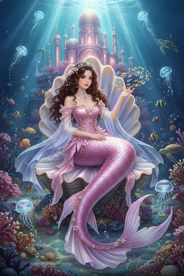 Seraphina as a mermaid on a pearl-shell throne