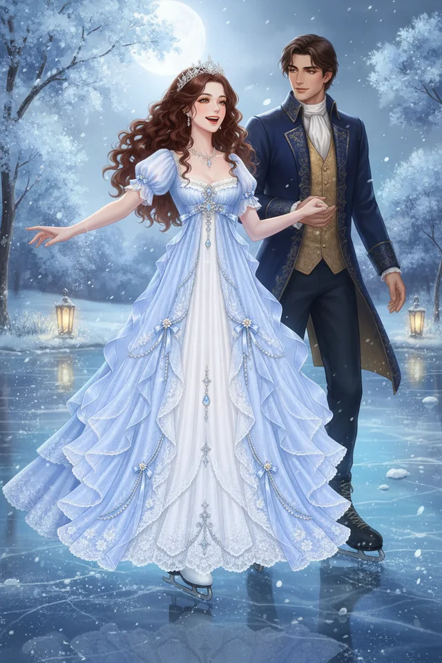 Seraphina ice-skating with Prince Aldric in a pale blue gown