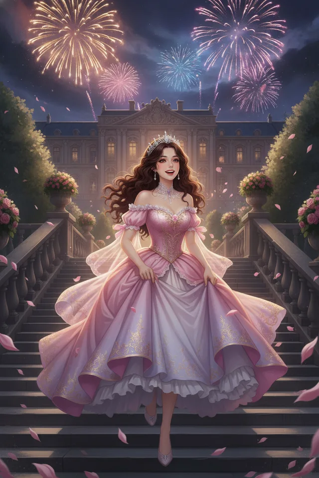 Seraphina running down the palace steps under fireworks