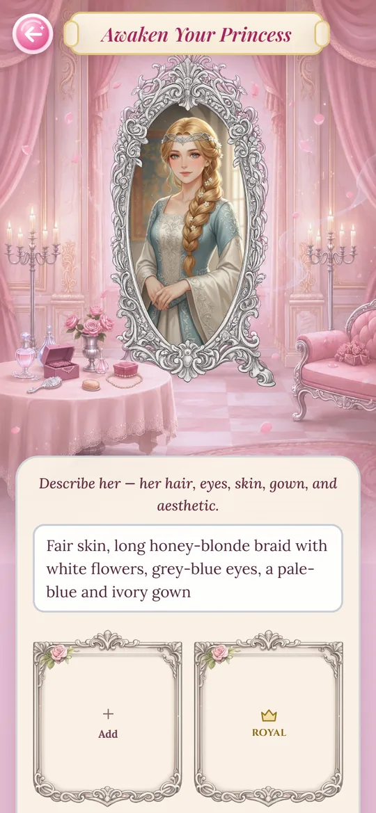 The princess creation screen with a finished portrait