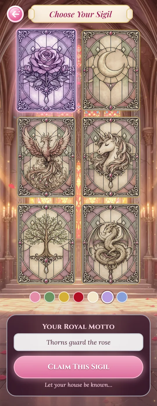 The sigil screen with a lavender rose crest
