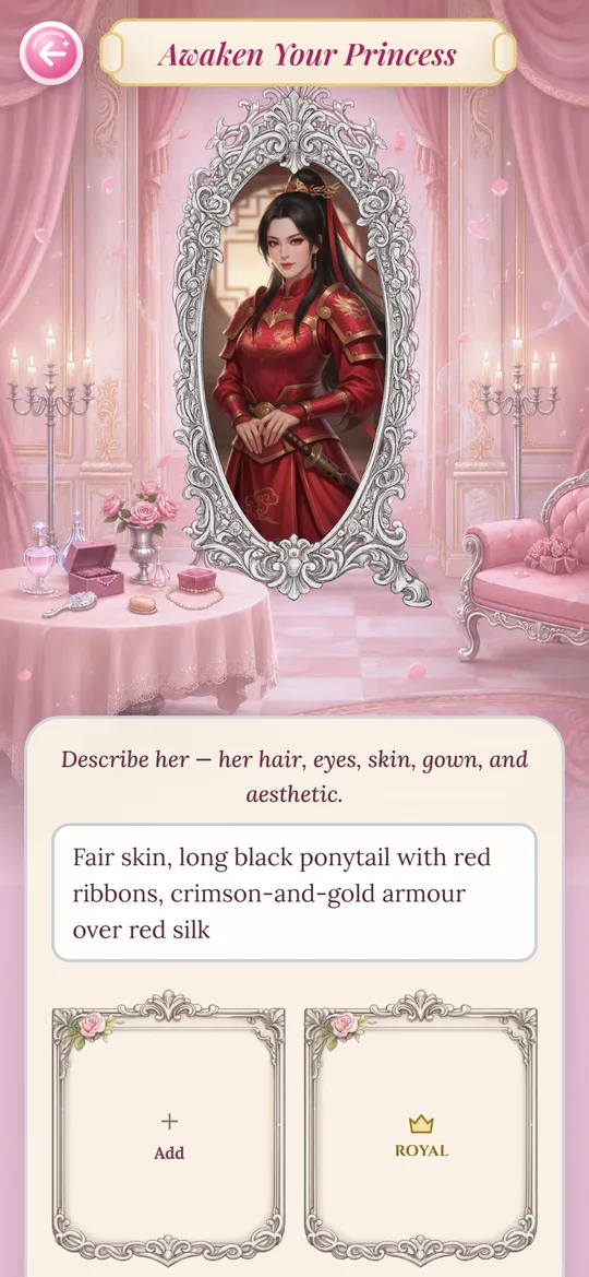 The princess creation screen with a finished portrait