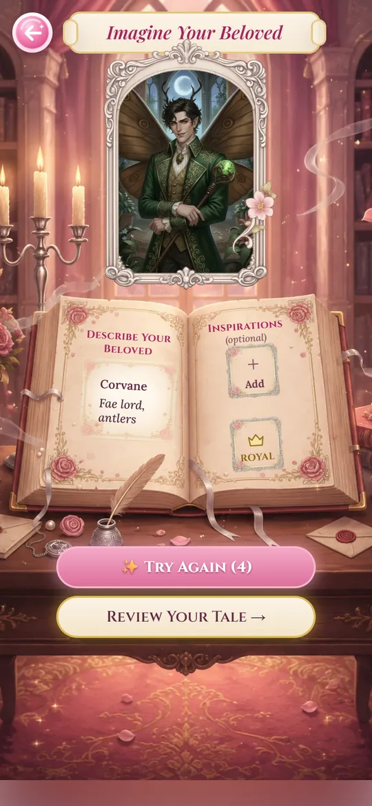 The beloved creation screen with a finished portrait