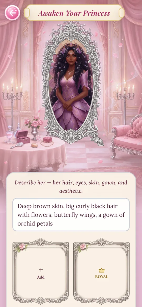 The princess creation screen with a finished portrait