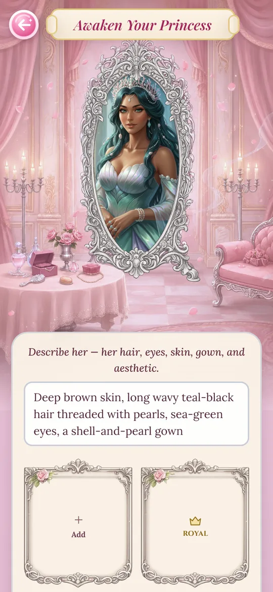 The princess creation screen with a finished portrait