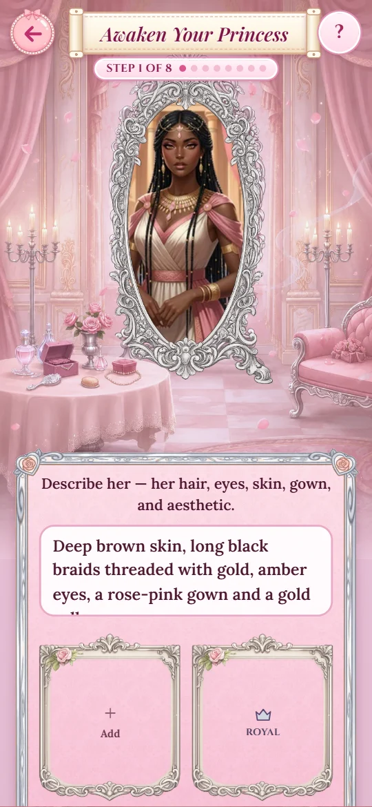 The princess creation screen, with a finished portrait in the mirror and her description typed in
