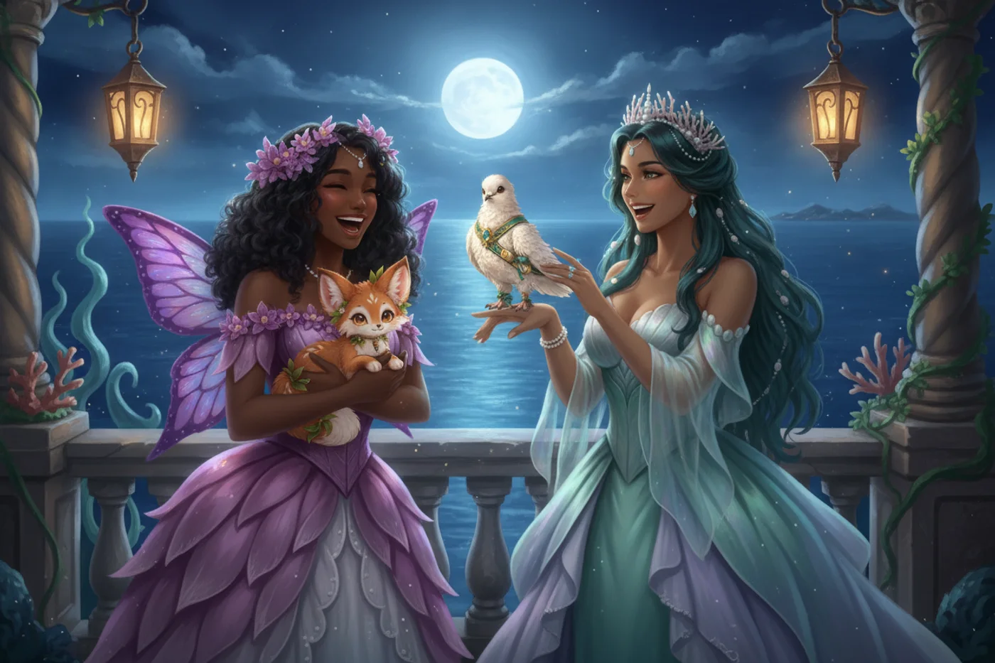 Two princesses on a moonlit balcony with a Blossom Fox and a messenger pigeon