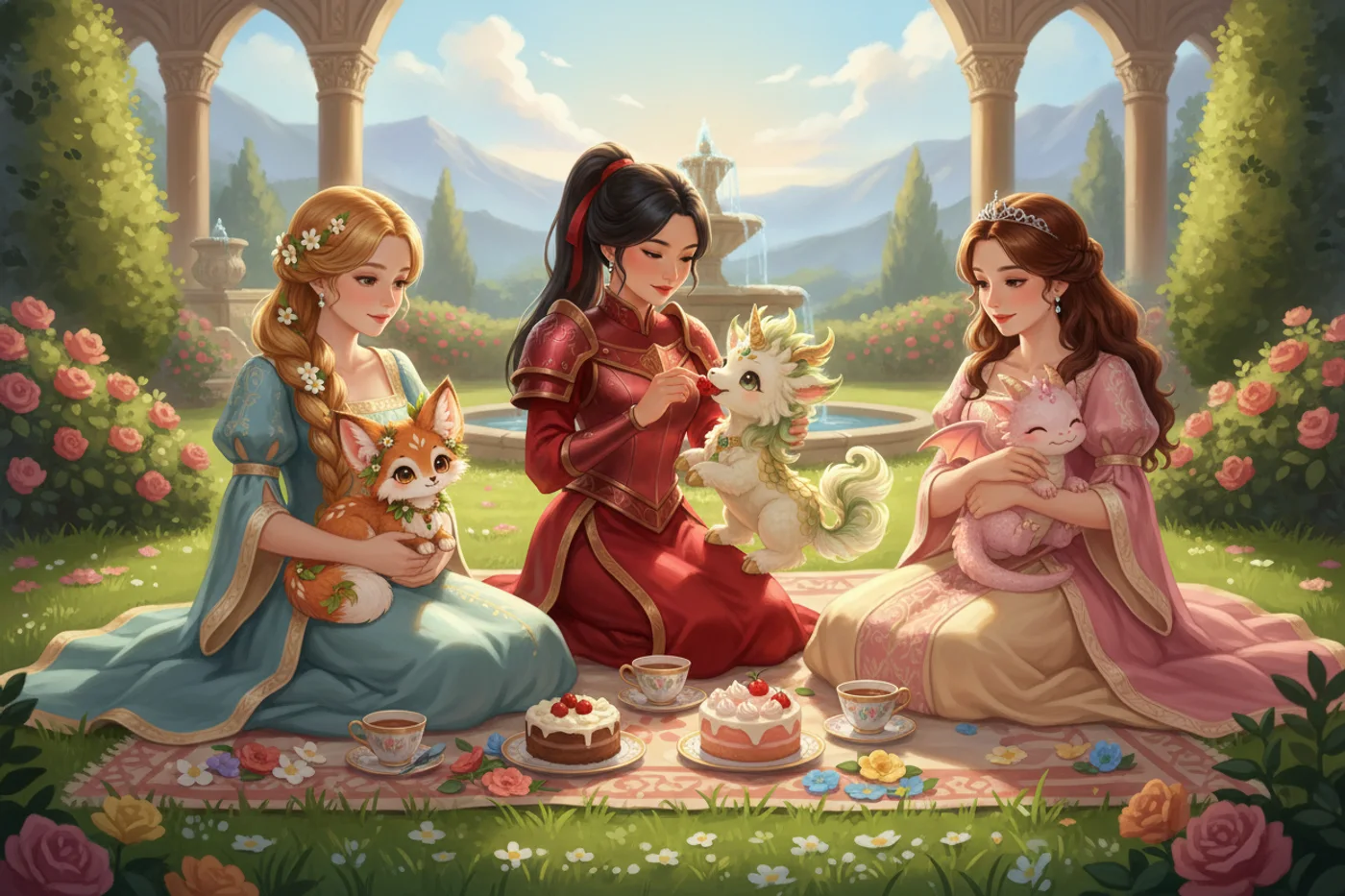 Three princesses at a garden picnic with a Blossom Fox, a Sylphr Kirin and a baby dragon