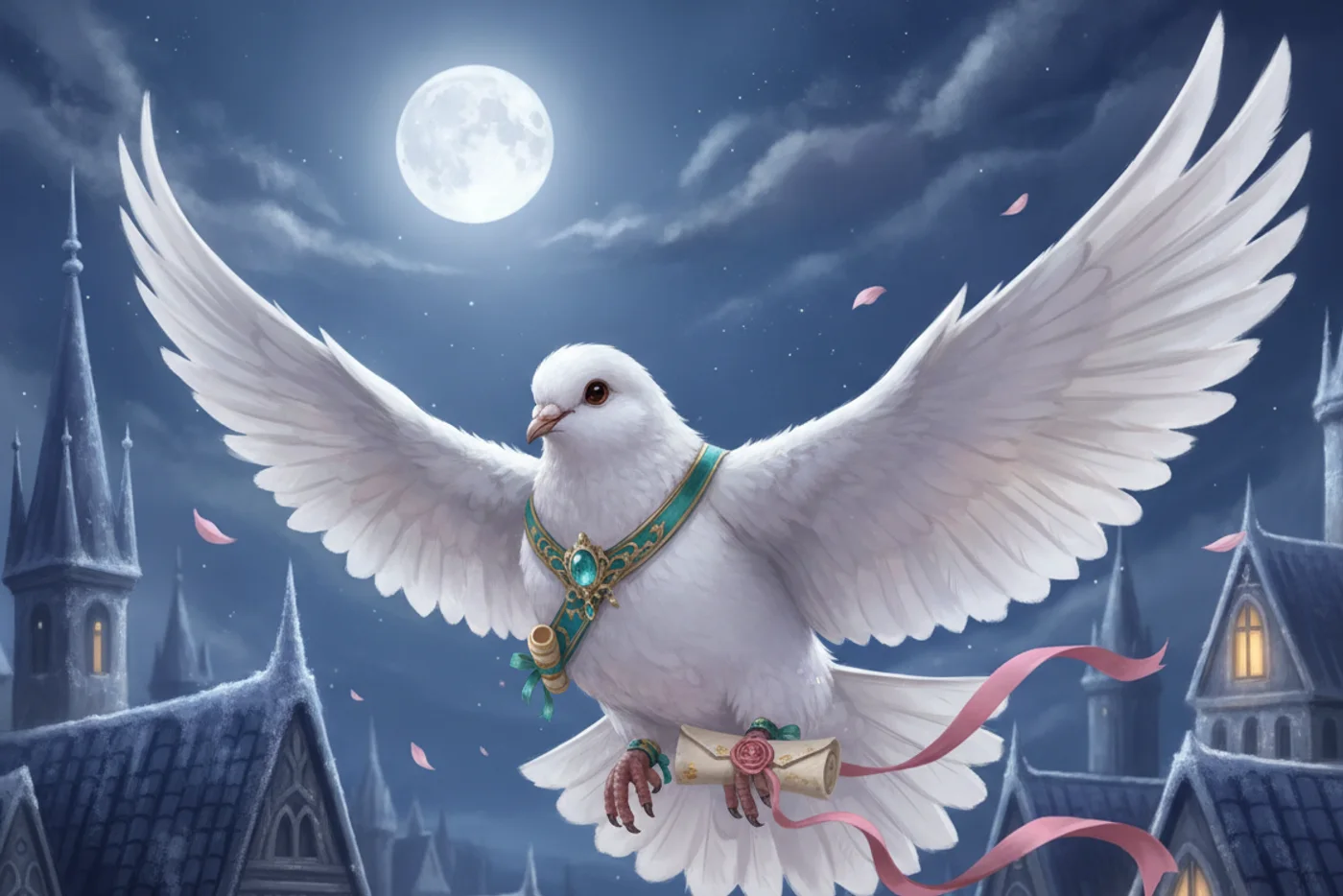 A white messenger pigeon flying over moonlit rooftops with a sealed letter tied on with pink ribbon