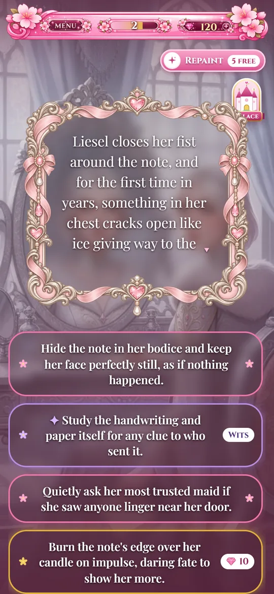 A story scene with four choices