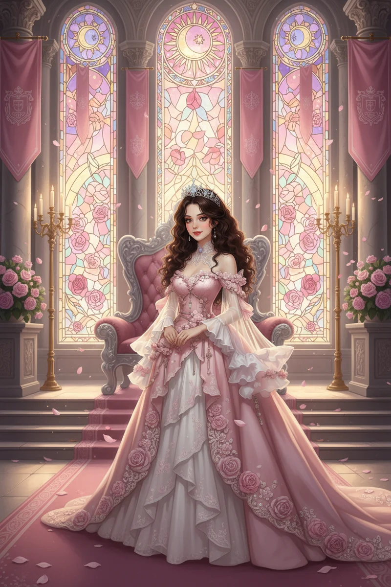 The official portrait of Princess Seraphina in the pink and silver throne room of the Dawn Court, beneath stained-glass windows