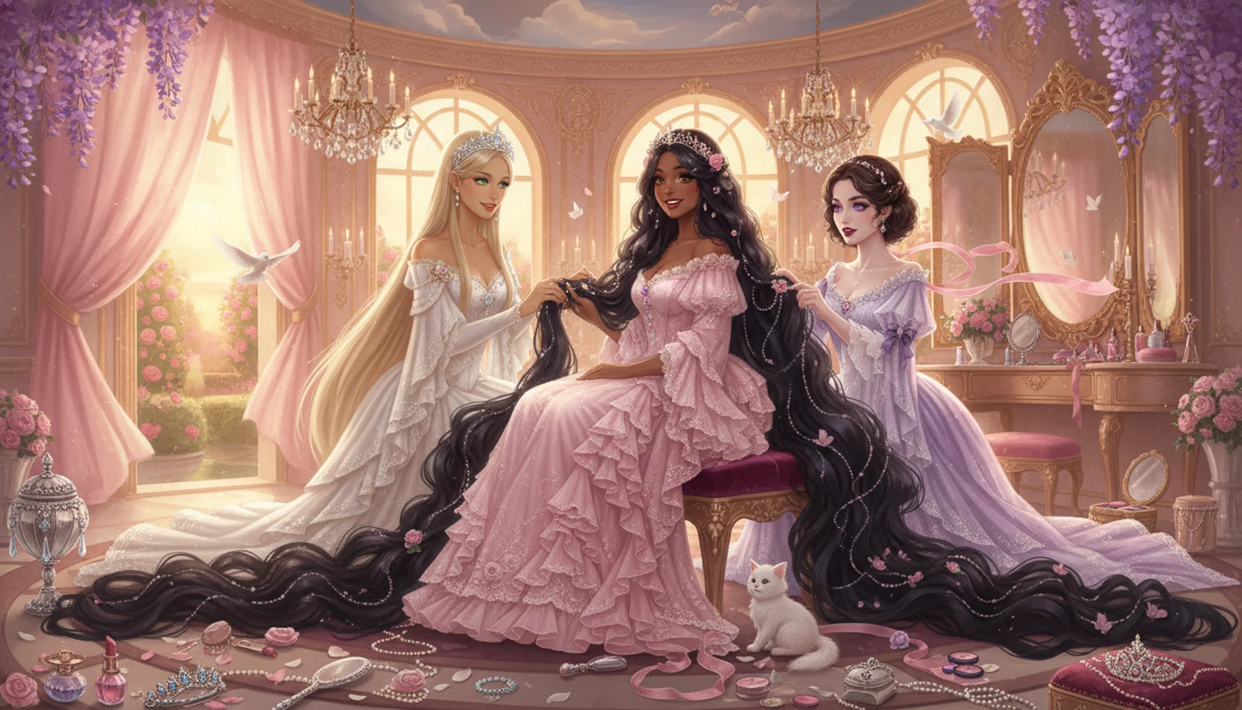 Three very different princesses getting ready together in a pink dressing room, weaving pearls and flowers into one princess's very long hair