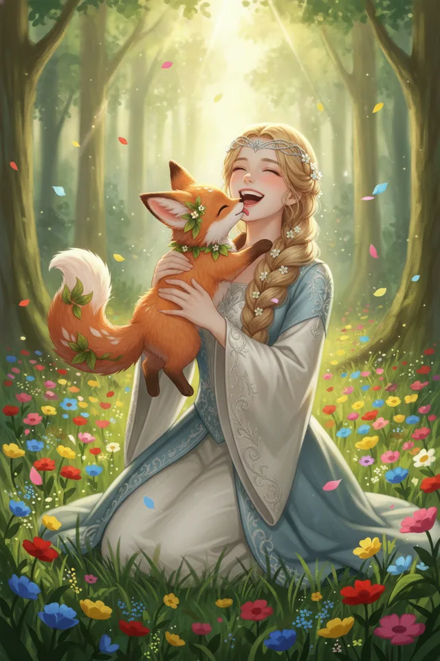 A princess laughing as her Blossom Fox leaps into her arms