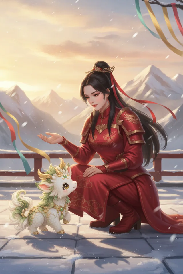 A princess holding out her hand to her Sylphr Kirin in the snow