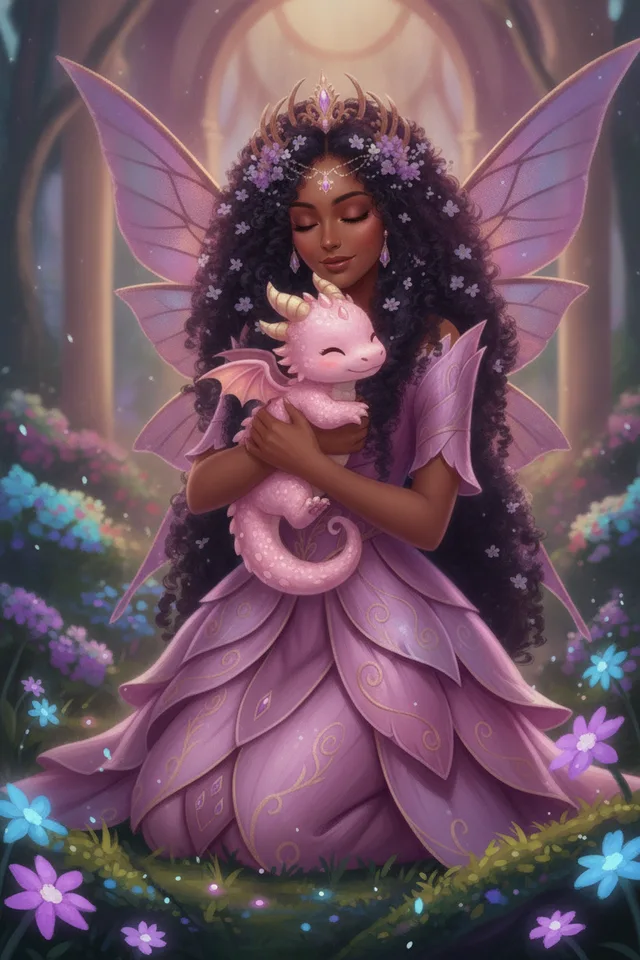 A fairy princess hugging her baby dragon