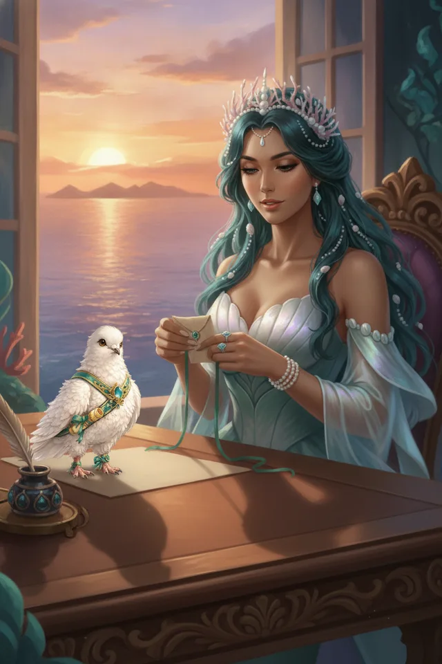 A princess tying a letter to her messenger pigeon at sunset