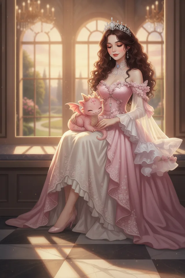 Seraphina in a window seat with her baby dragon asleep in her lap